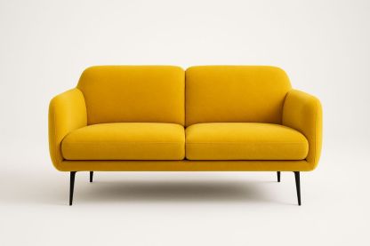 Canapé deux places avec structure en bois massif, revêtement en tissu jaune, pieds en aluminium