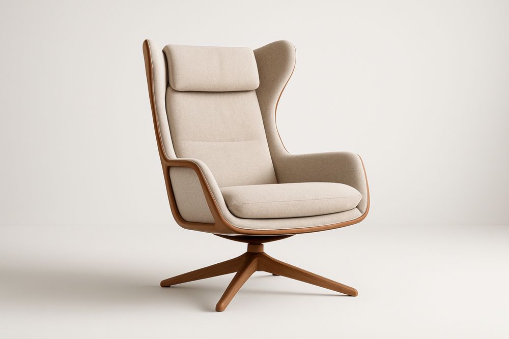 Fauteuil lounge pivotant en tissu polyester beige avec cadre en bois massif et base en étoile