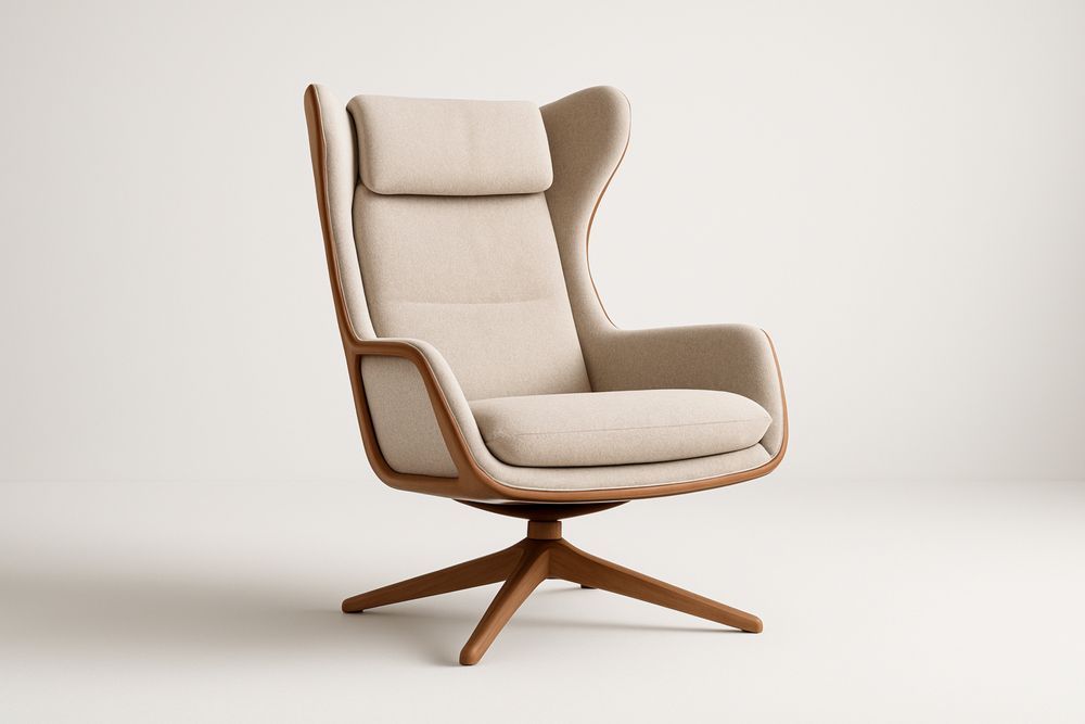 Fauteuil lounge pivotant en tissu polyester beige avec cadre en bois massif et base en étoile