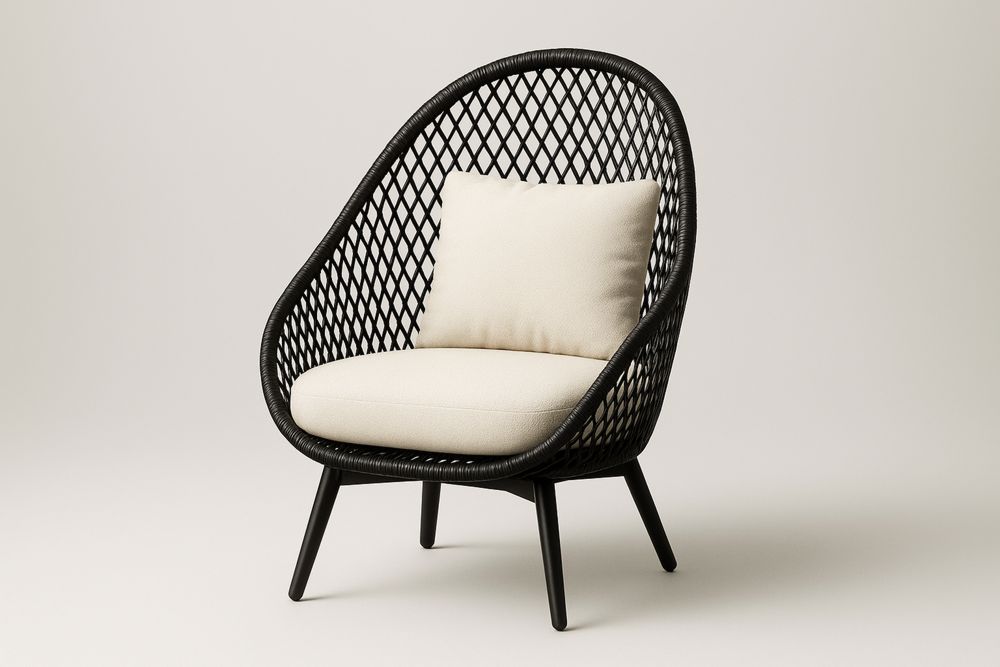 Fauteuil de détente en acier et résine tressée noire avec coussin crème