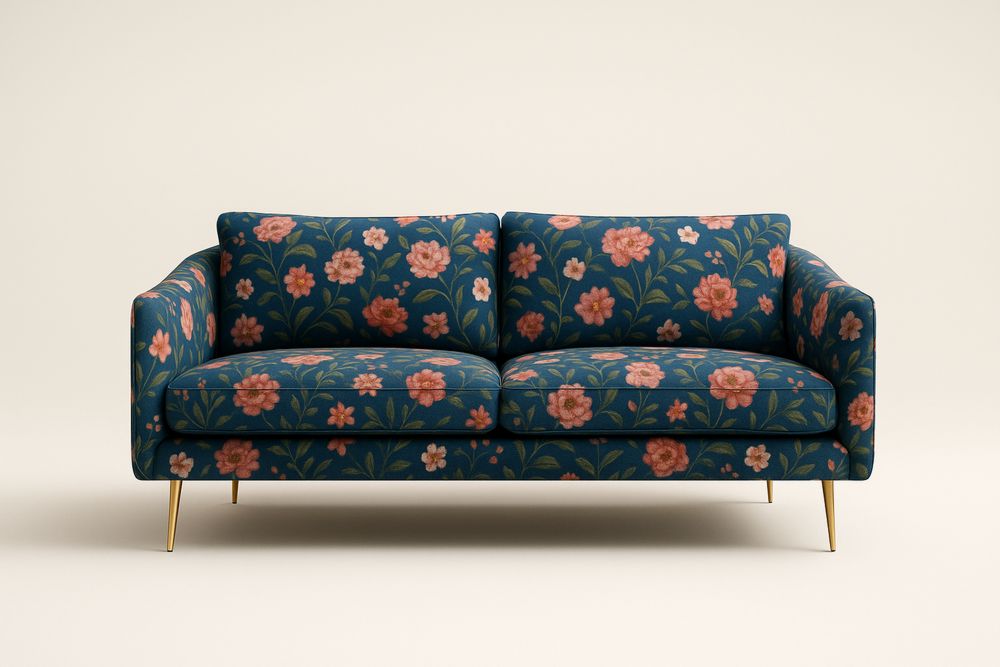 Canapé deux places en tissu fleuri bleu avec pieds dorés