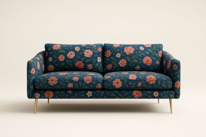 Canapé deux places en tissu fleuri bleu avec pieds dorés