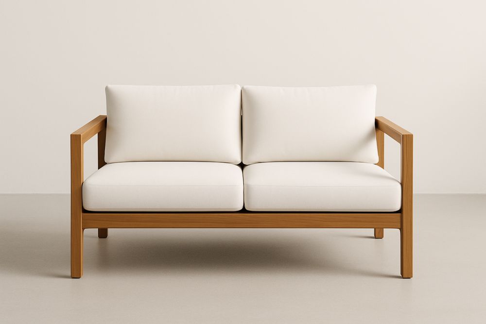 Canapé 2 places en bois massif avec coussins en polyester blanc