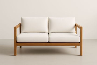 Canapé 2 places en bois massif avec coussins en polyester blanc