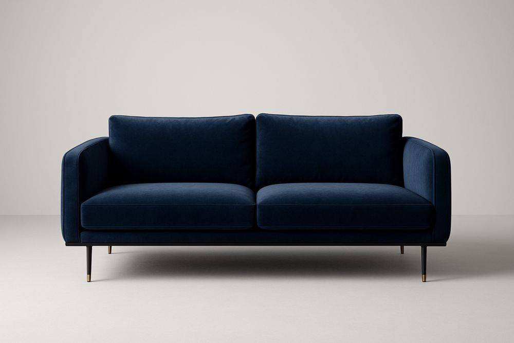Canapé 2 places en velours bleu marine, avec coussins