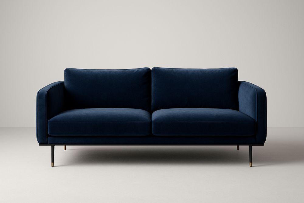 Canapé 2 places en velours bleu marine, avec coussins