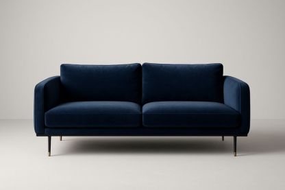 Canapé 2 places en velours bleu marine, avec coussins