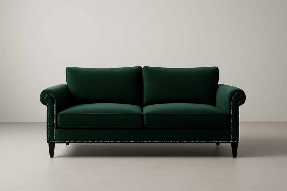 Canapé en velours vert avec accoudoirs roulés, avec coussins