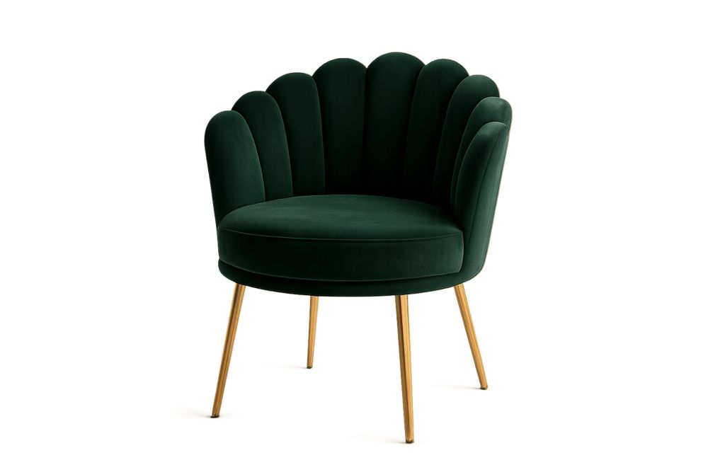 Fauteuil de salon en velours polyester, style coquillage, pieds en acier doré, vert