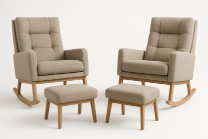 Fauteuils à bascule et repose-pieds en tissu beige avec structure en bois