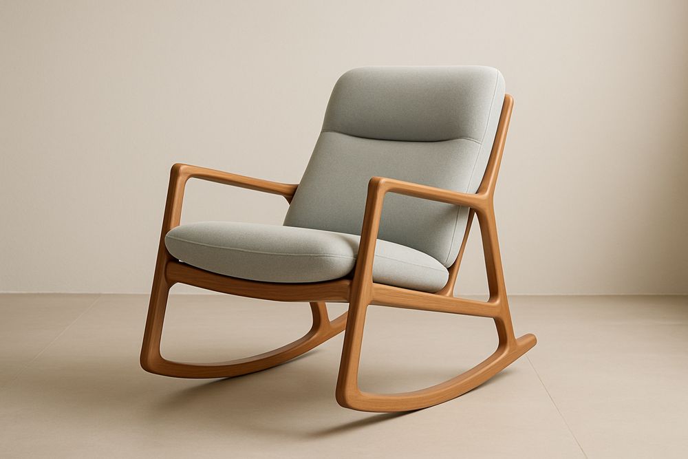 Chaise berçante en bois massif avec revêtement en tissu polyester gris clair