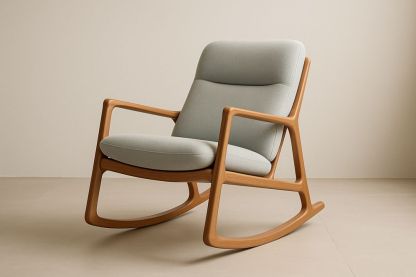 Chaise berçante en bois massif avec revêtement en tissu polyester gris clair