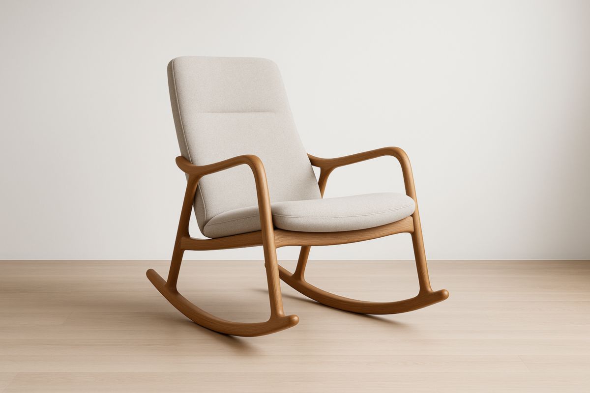 Fauteuil à bascule en bois et tissu beige