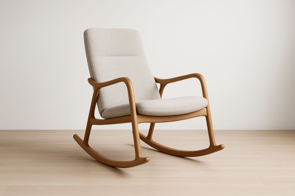 Fauteuil à bascule en bois et tissu beige