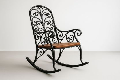 Chaise berçante en acier noir et bois massif brun