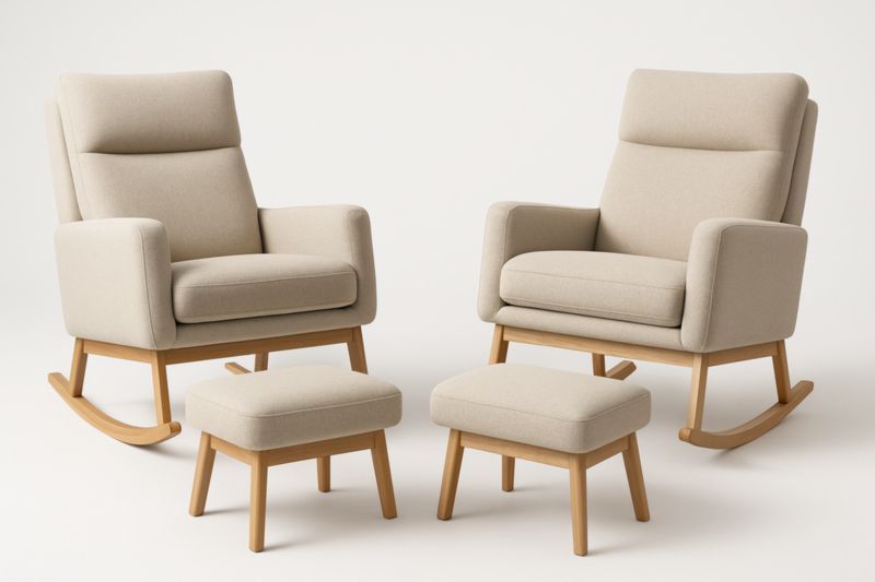Ensemble de deux fauteuils à bascule en tissu beige avec repose-pieds