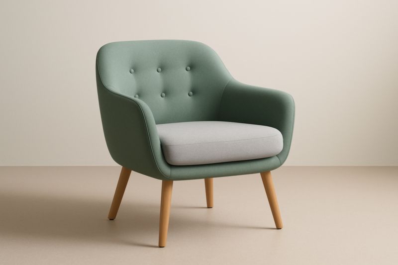Fauteuil en tissu polyester vert et gris avec pieds en bois