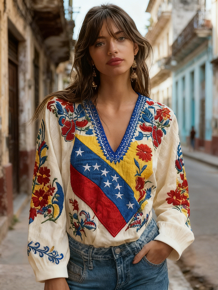 Women's Venezuela Flag Floral Art V-neck Long Sleeve Tunic