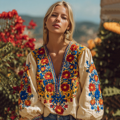 Women's Vintage n Floral Pattern Casual Linen Shirt