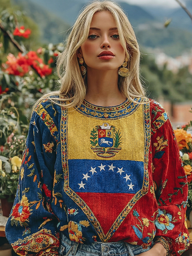 Women's  Flag Floral Art Linen Long Sleeve Tunic