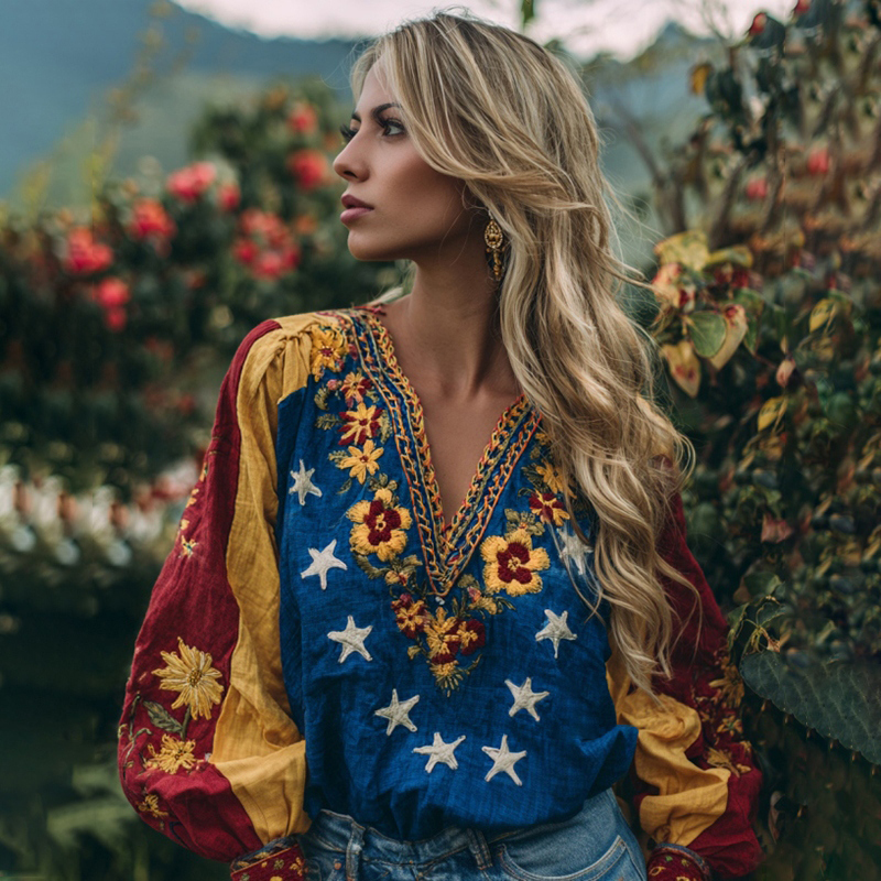 Women's Venezuela Floral Art V-neck Linen Long Sleeve Tunic