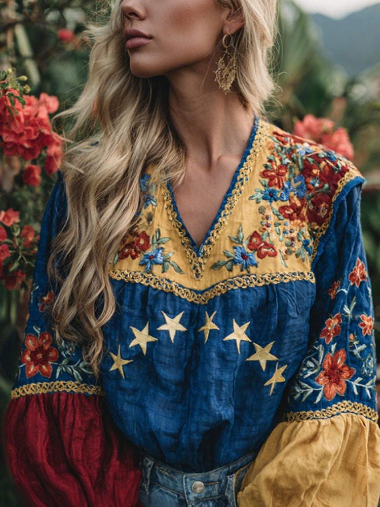 Women's  Floral Art V-neck Linen Long Sleeve Tunic