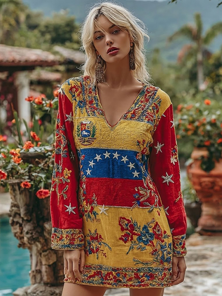 Women's  Flag Floral Art Casual Linen V-neck Long Sleeve Dress