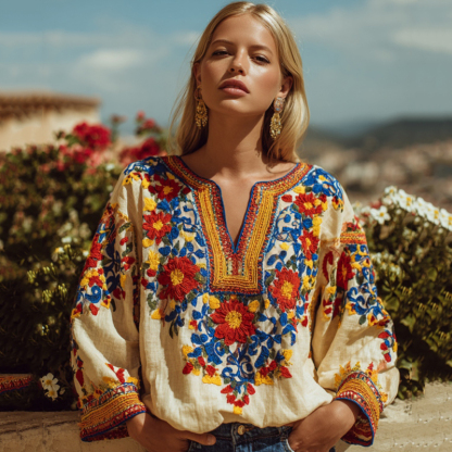 Women's n Floral Pattern Linen Blend Cozy Tunic