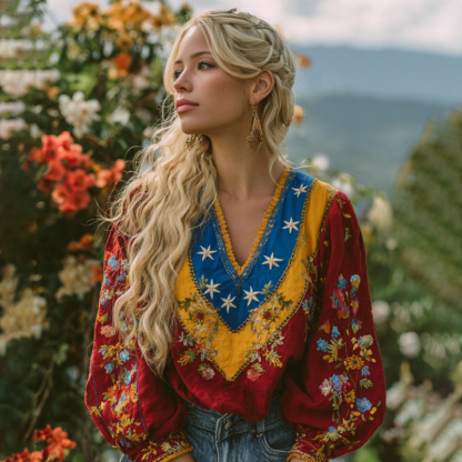 Women's  Floral Art V-neck Linen Long Sleeve Tunic