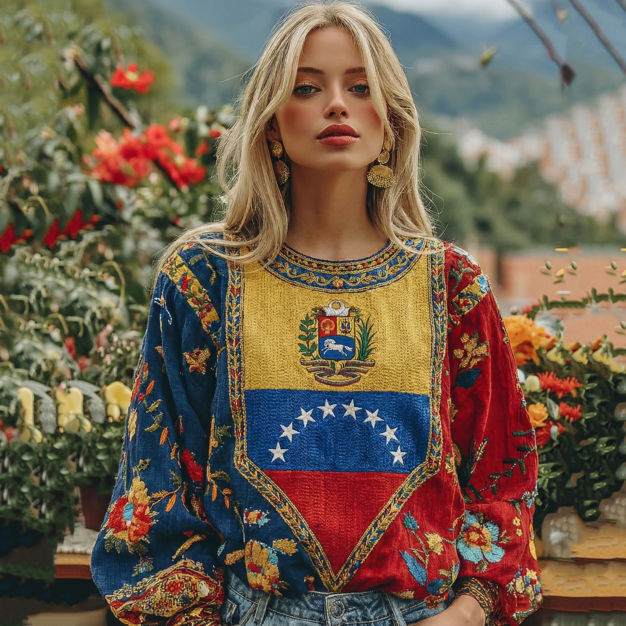 Women's Venezuela Flag Floral Art Linen Long Sleeve Tunic