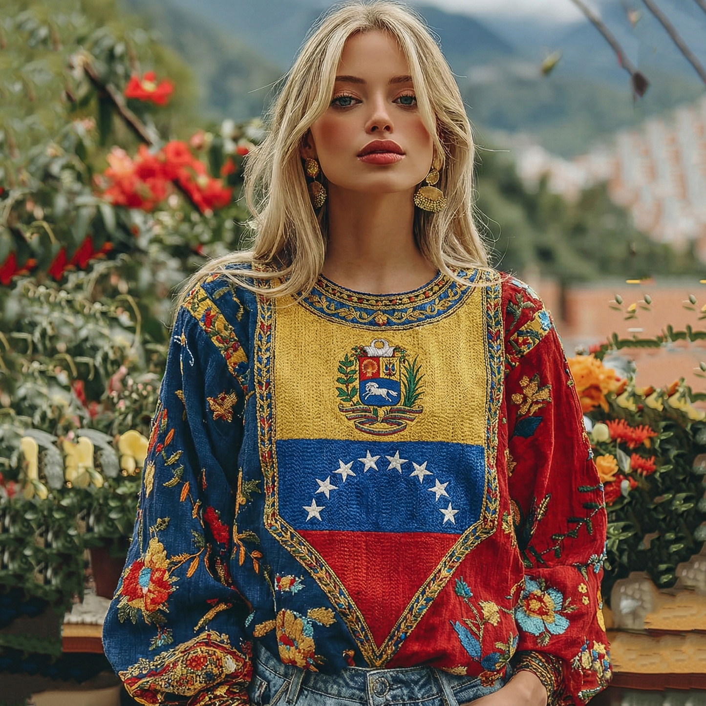 Women's Venezuela Flag Floral Art Linen Long Sleeve Tunic