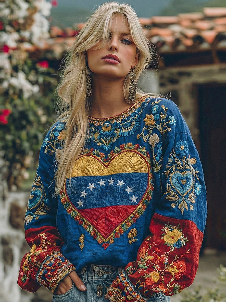 Women's n Flag Floral Pattern Crew Neck Linen Blend Shirt