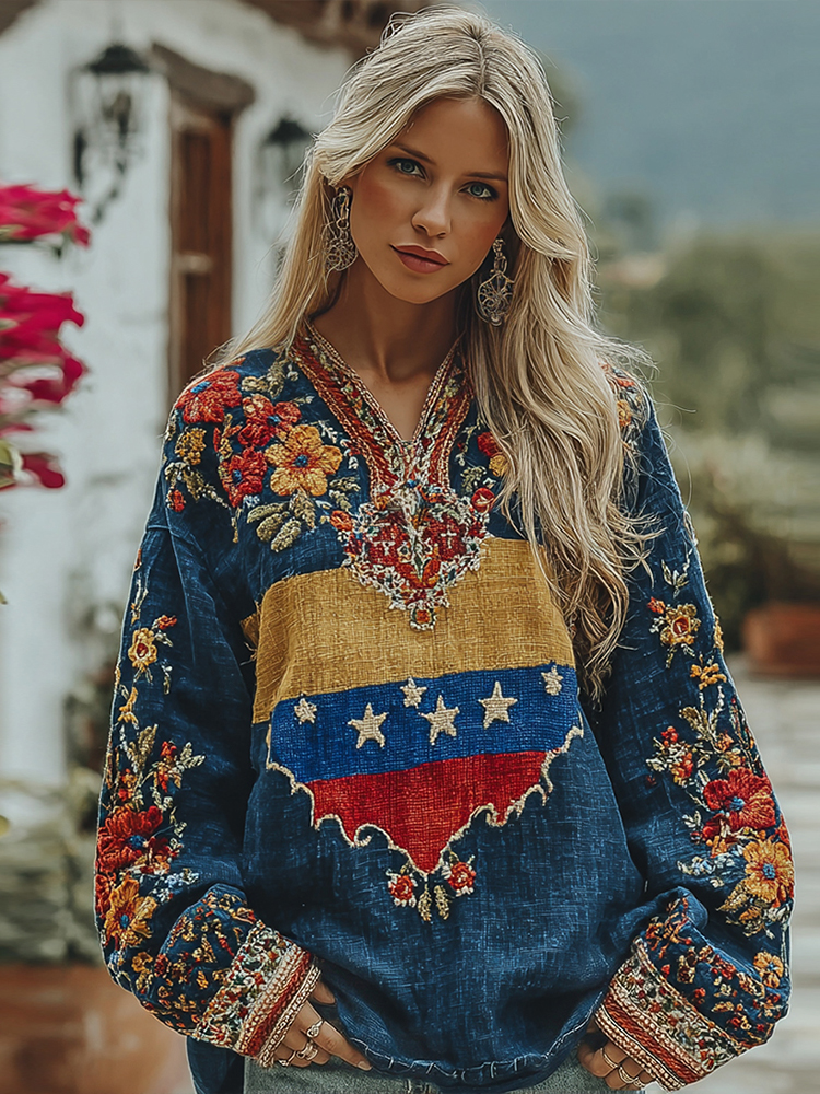 Women's Vintage n Flag Floral Pattern Casual Linen Shirt