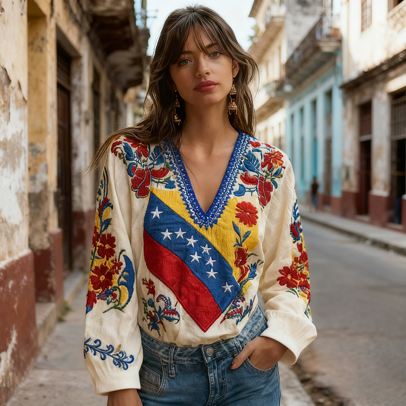 Women's Venezuela Flag Floral Art V-neck Long Sleeve Tunic