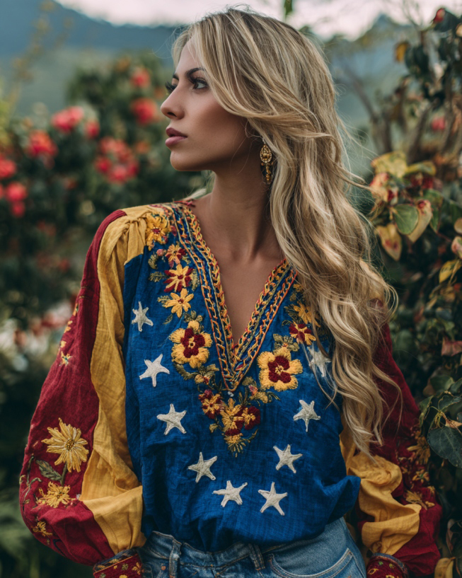 Women's  Floral Art V-neck Linen Long Sleeve Tunic