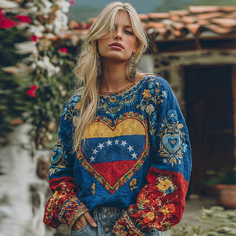 Women's n Flag Floral Pattern Crew Neck Linen Blend Shirt