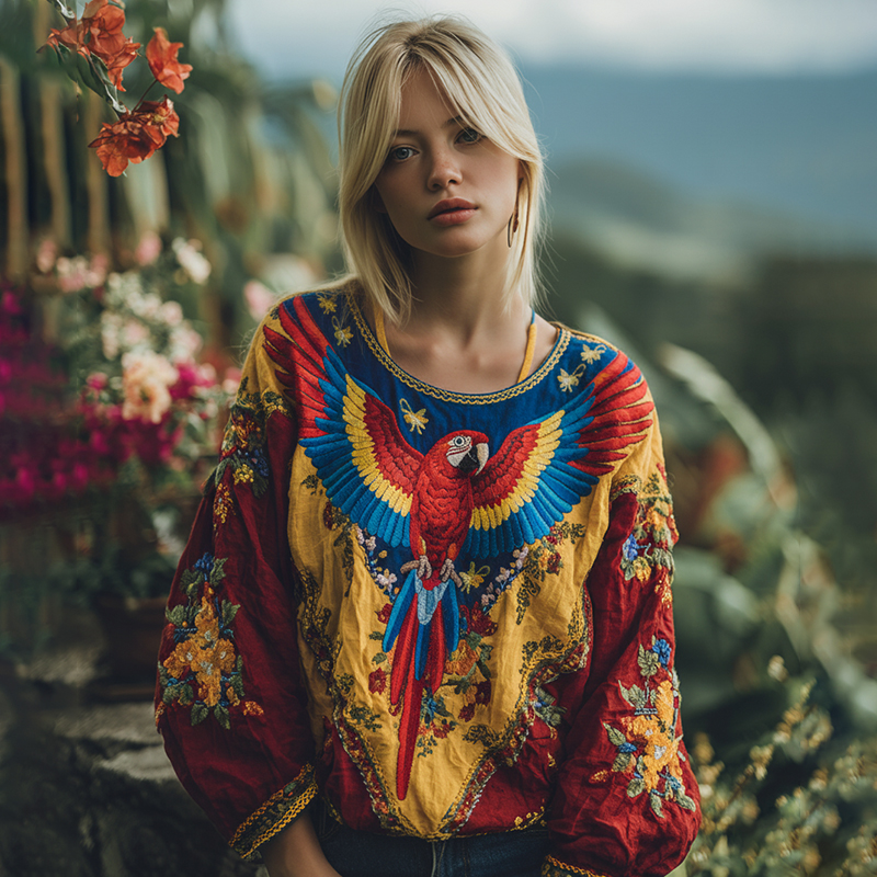 Women's Parrot Floral Art Long Sleeve Tunic