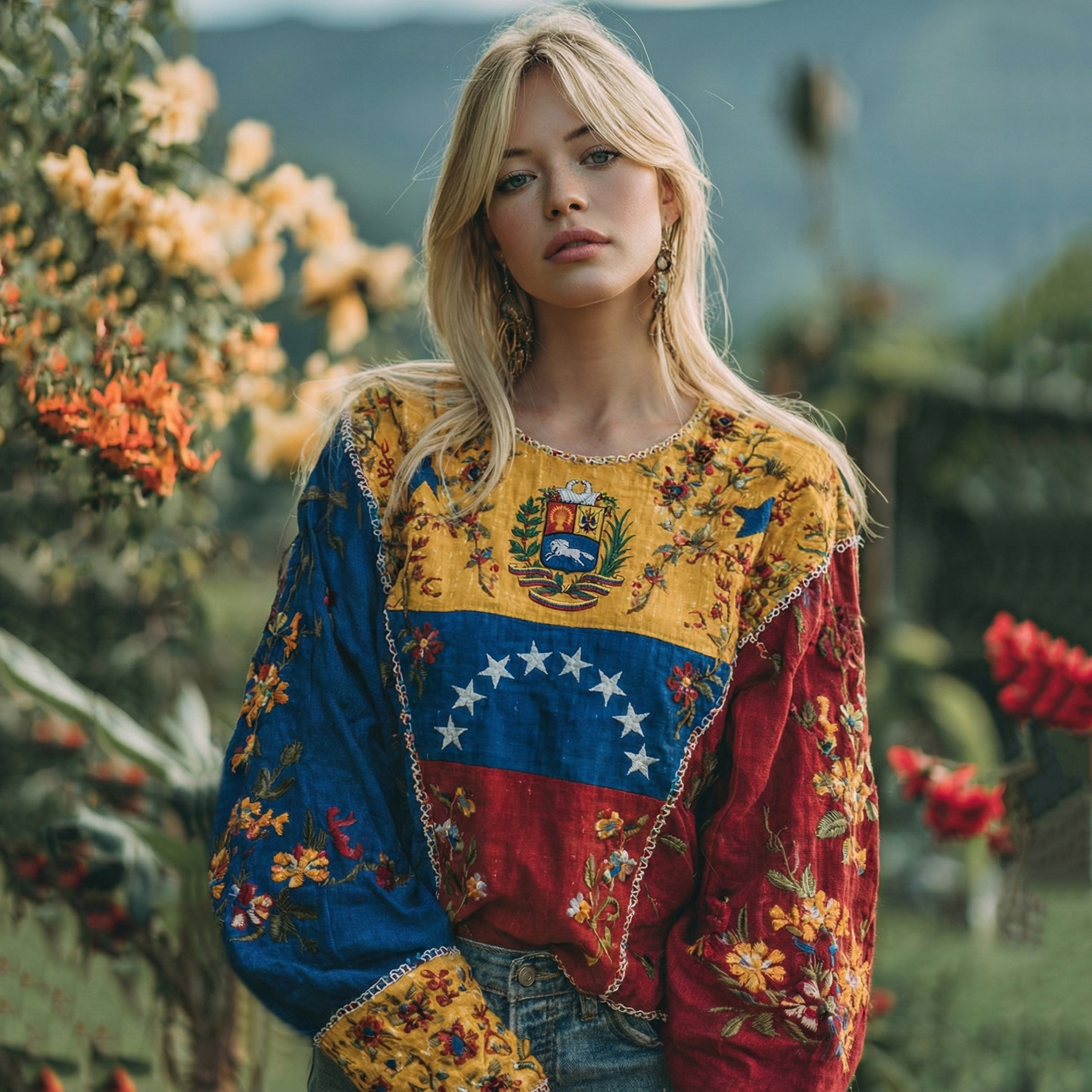 Women's Flag Floral Art Long Sleeve Tunic