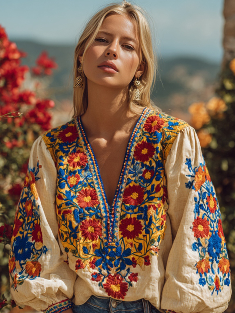 Women's Vintage n Floral Pattern Casual Linen Shirt