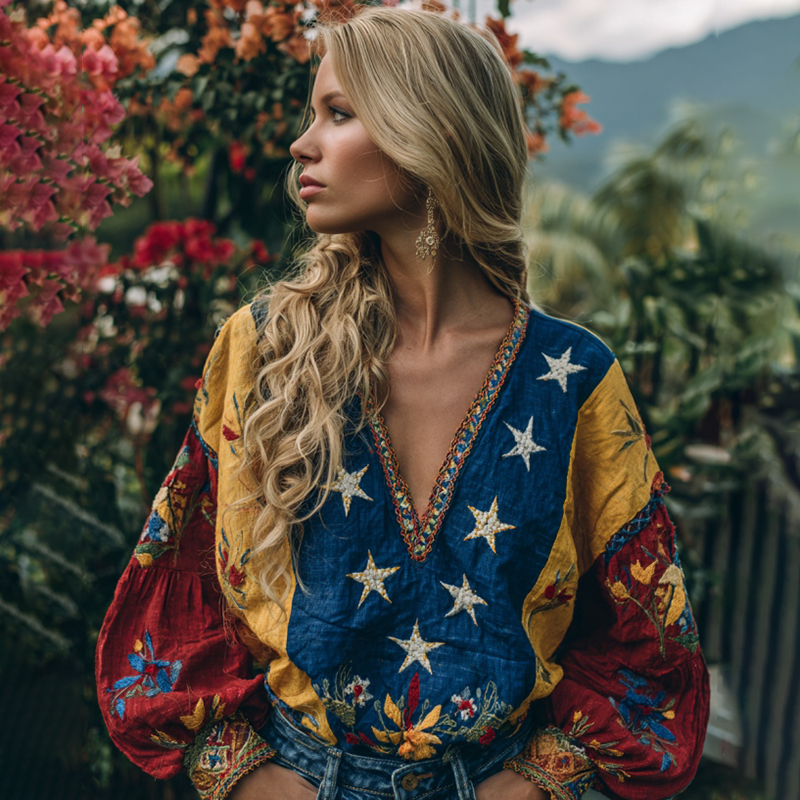 Women's Venezuela Floral Art V-neck Linen Long Sleeve Tunic