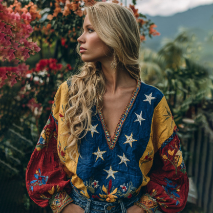 Women's Floral Art V-neck Linen Long Sleeve Tunic