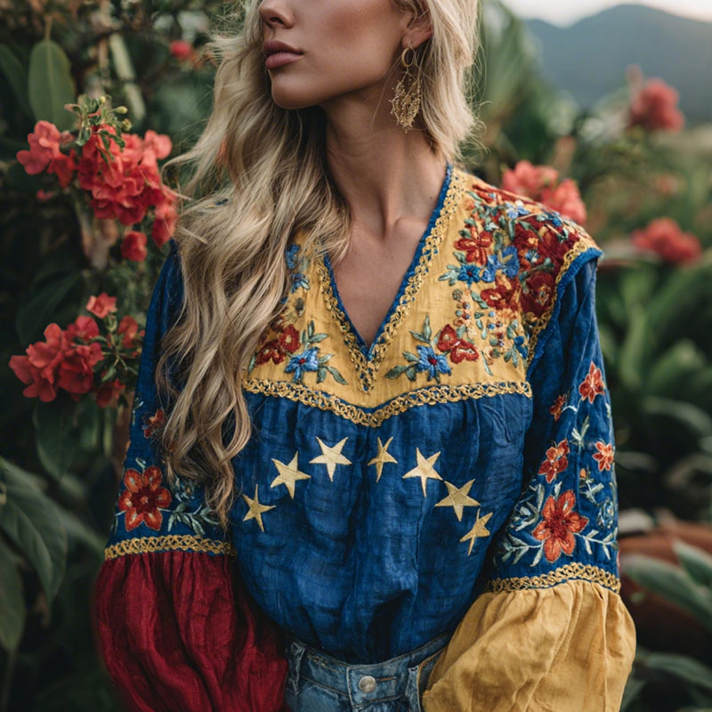 Women's Venezuela Floral Art V-neck Linen Long Sleeve Tunic