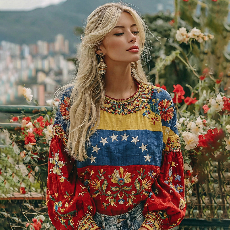 Women's  Flag Floral Patchwork Art Linen Long Sleeve Tunic