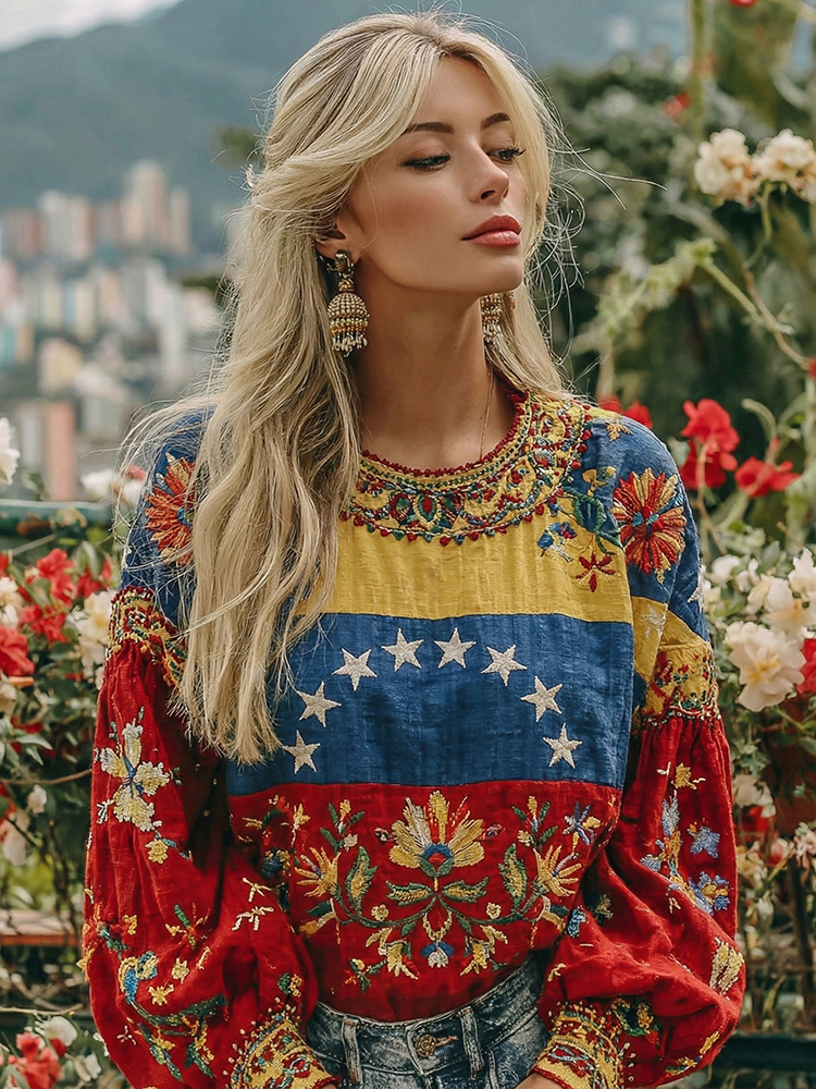 Women's  Flag Floral Patchwork Art Linen Long Sleeve Tunic