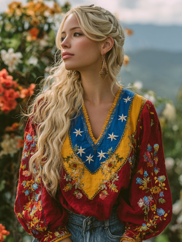 Women's  Floral Art V-neck Linen Long Sleeve Tunic