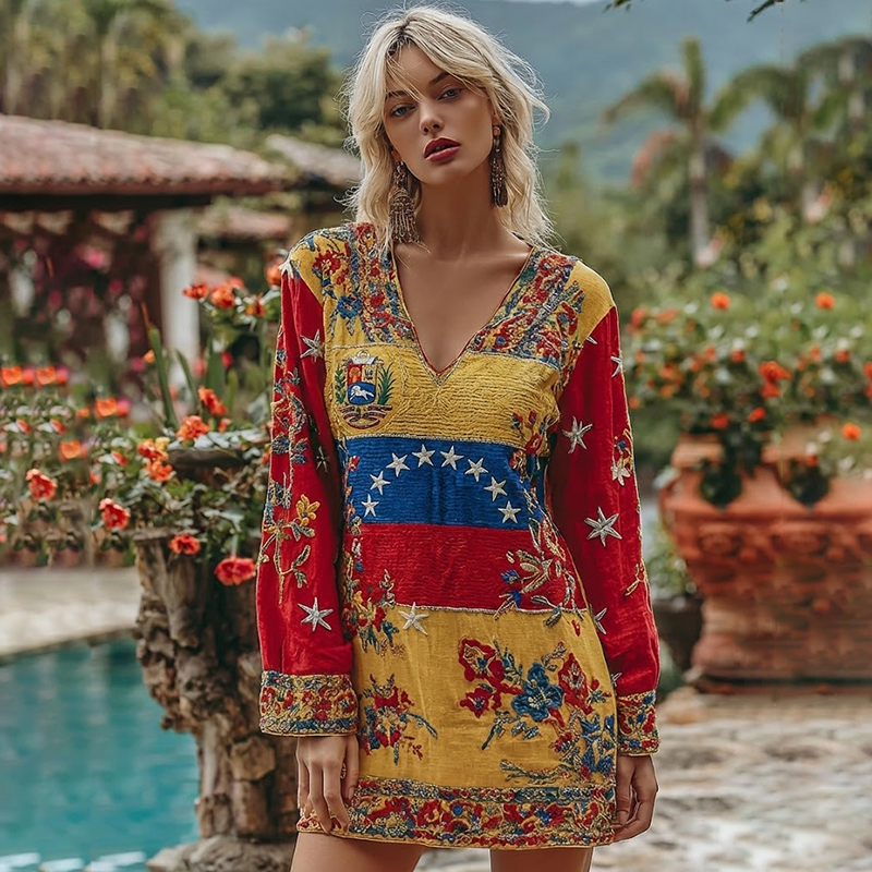 Women's  Flag Floral Art Casual Linen V-neck Long Sleeve Dress