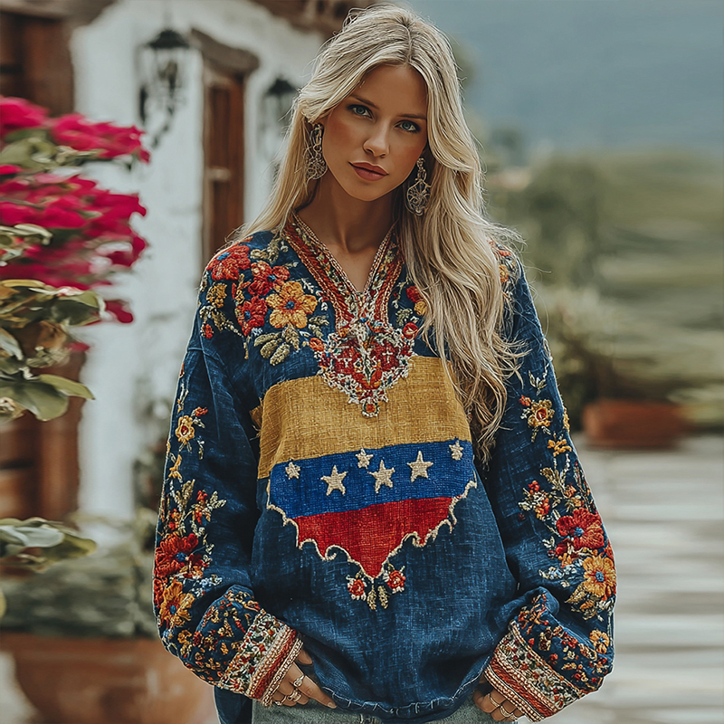 Women's Vintage n Flag Floral Pattern Casual Linen Shirt