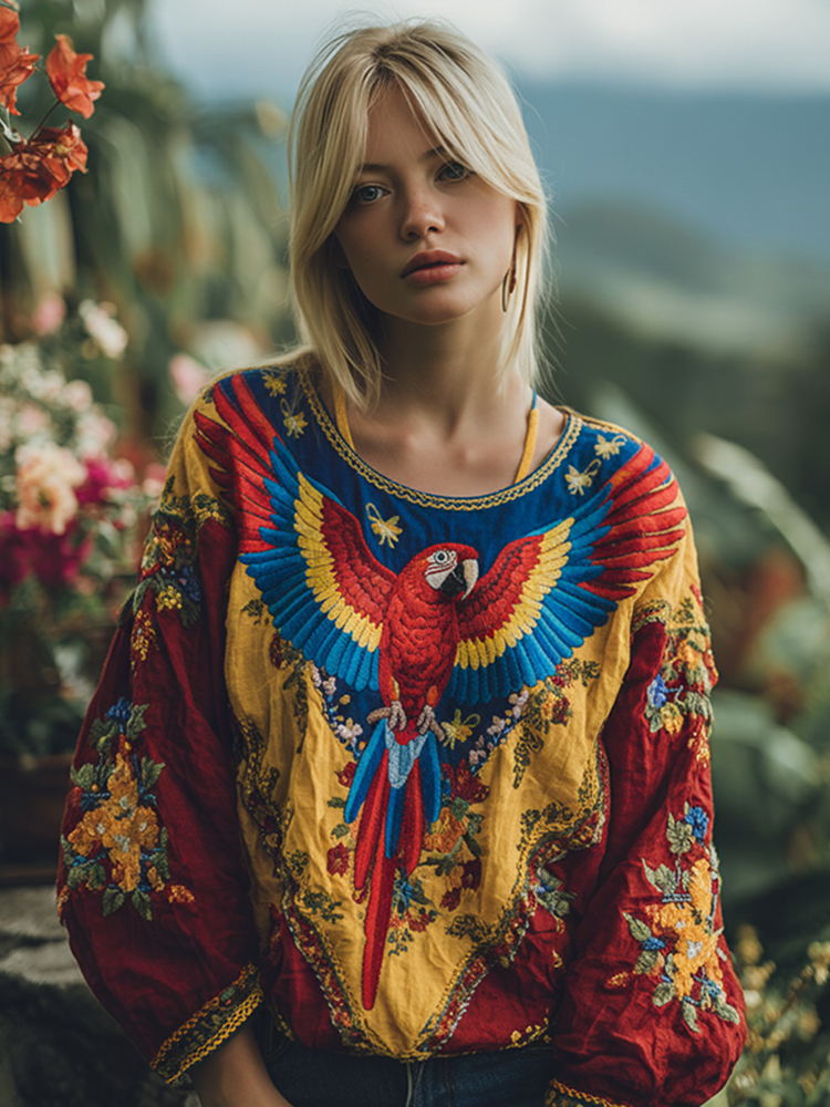 Women's Parrot Floral Art  Long Sleeve Tunic