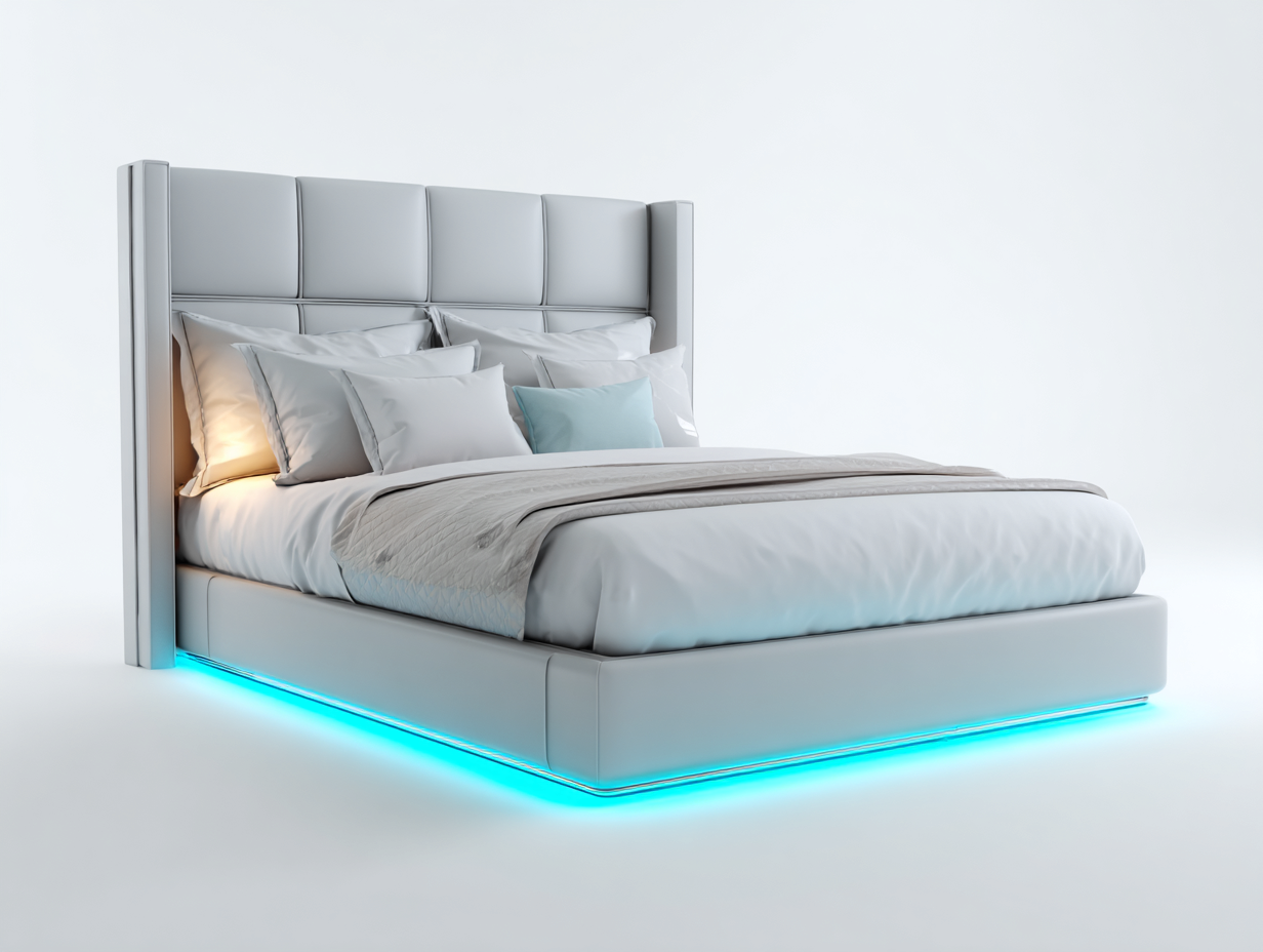 Cama doble acolchada con cabecero alto 200x160x125 cm - gris claro - para dormitorio - diseño moderno