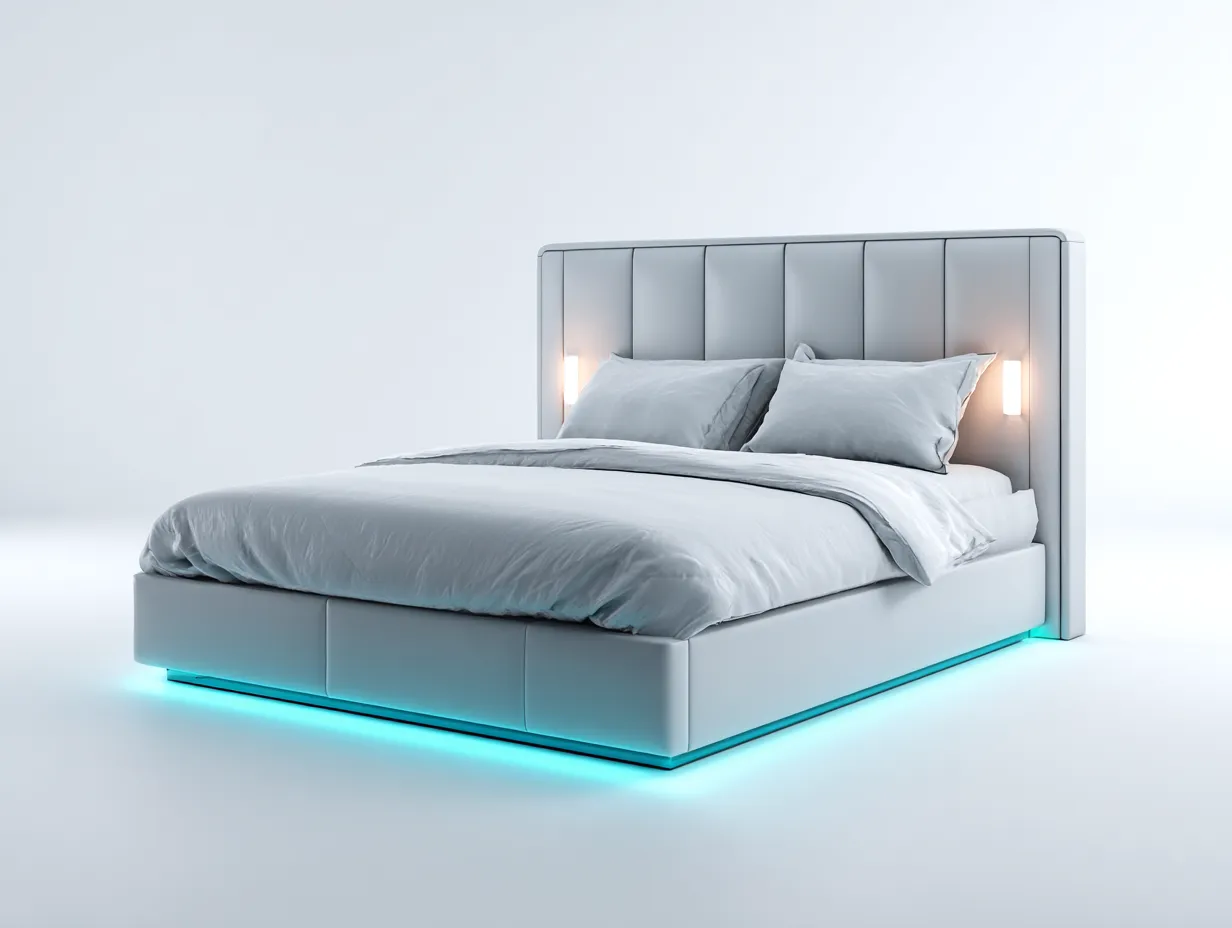 Cama doble tapizada 200x160x115cm - gris claro - para dormitorio - diseño moderno con iluminación LED